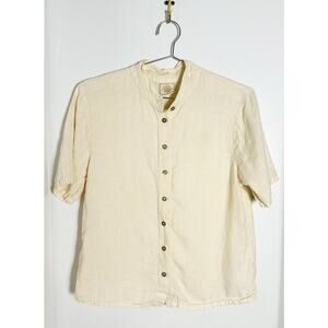 Tom Tom California 100% Linen Cream Short Sleeve Button Front Blouse Top sz S